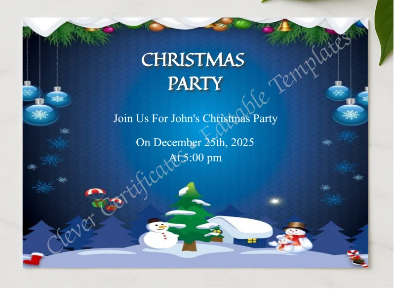 Editable Modern Christmas Party Invitation Template presented in a sleek wooden frame, elegantly arranged on a stylish table.