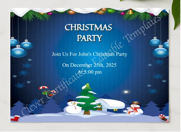 Editable Modern Christmas Party Invitation Template presented in a sleek wooden frame, elegantly arranged on a stylish table.