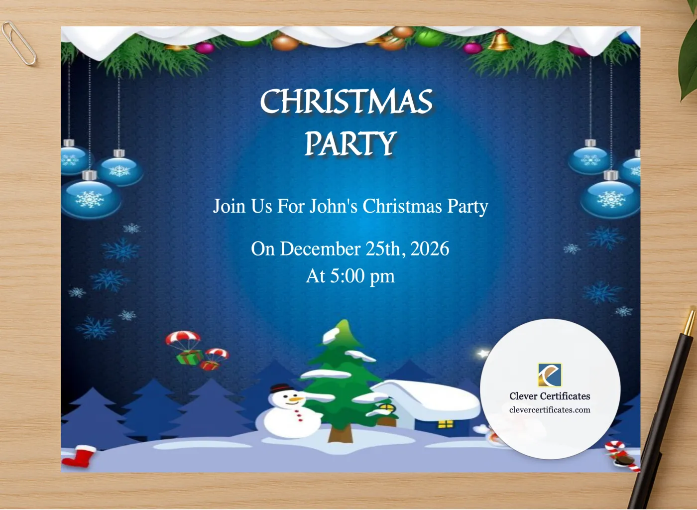 Professional preview of Editable Modern Christmas Party Invitation Template certificate on high-quality stationery paper, ideal for showcasing the final look.