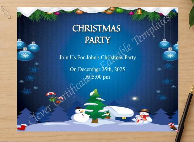 Professional preview of Editable Modern Christmas Party Invitation Template certificate on high-quality stationery paper, ideal for showcasing the final look.