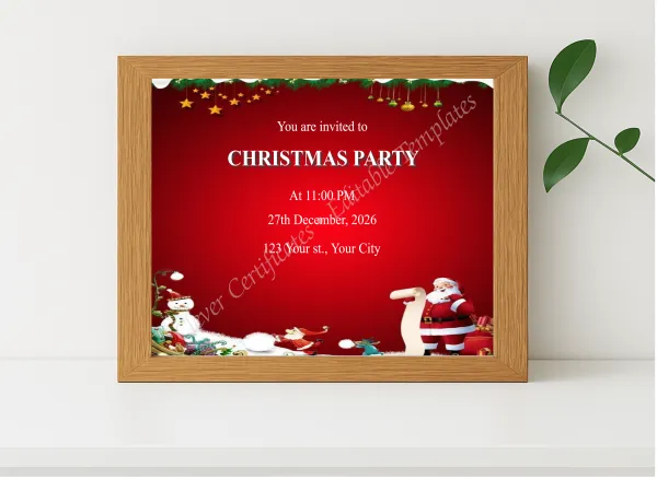 Realistic mockup featuring Editable Red Christmas Party Invitation Template displayed within a modern frame, set against a minimalistic background.