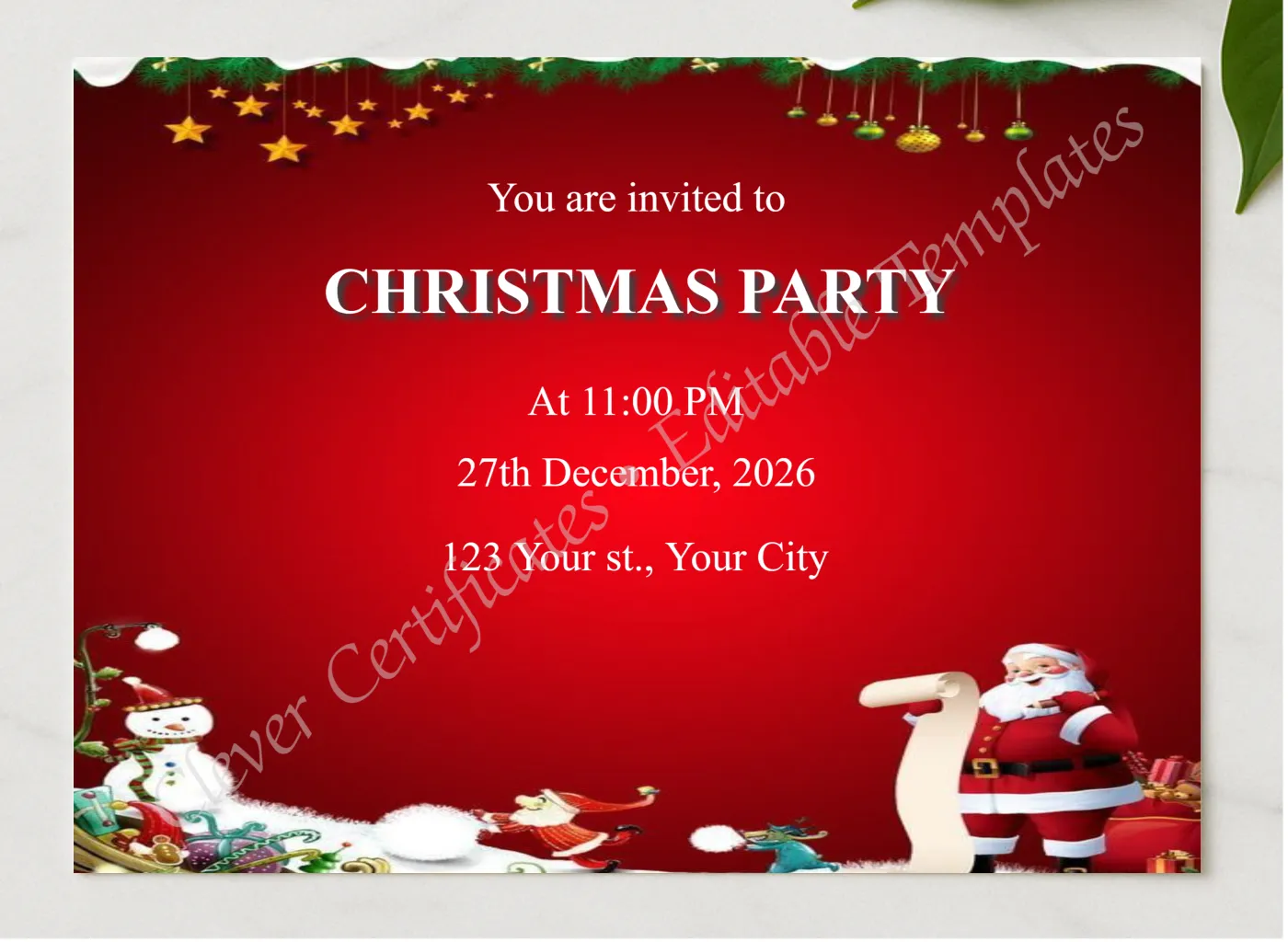 Editable Red Christmas Party Invitation Template presented in a sleek wooden frame, elegantly arranged on a stylish table.