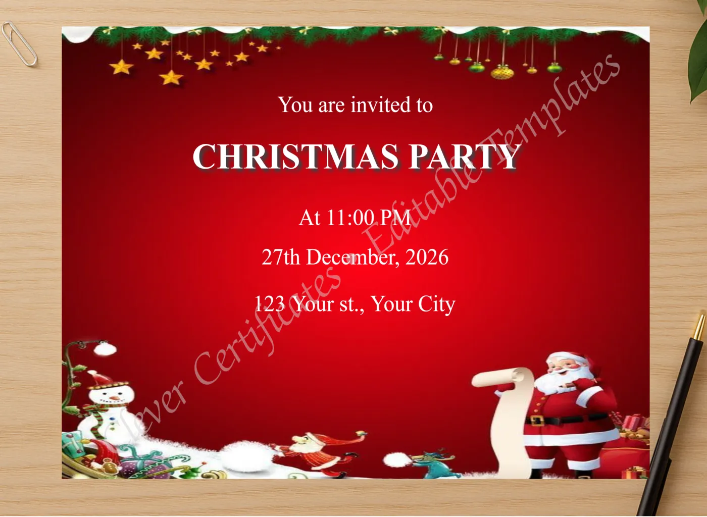 Professional preview of Editable Red Christmas Party Invitation Template certificate on high-quality stationery paper, ideal for showcasing the final look.