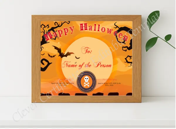 Realistic mockup featuring Happy Halloween 2 Certificate displayed within a modern frame, set against a minimalistic background.