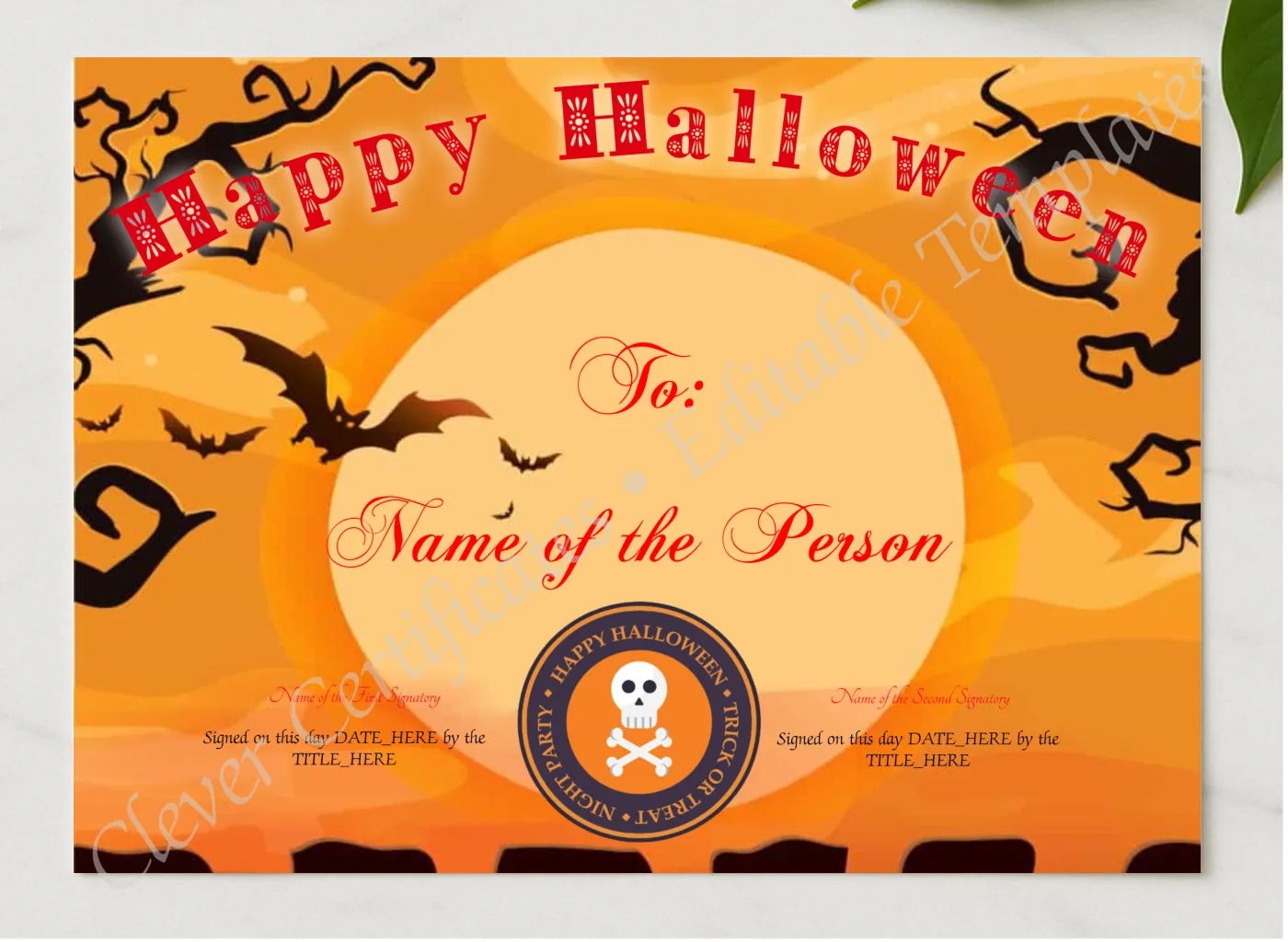 Happy Halloween 2 Certificate presented in a sleek wooden frame, elegantly arranged on a stylish table.