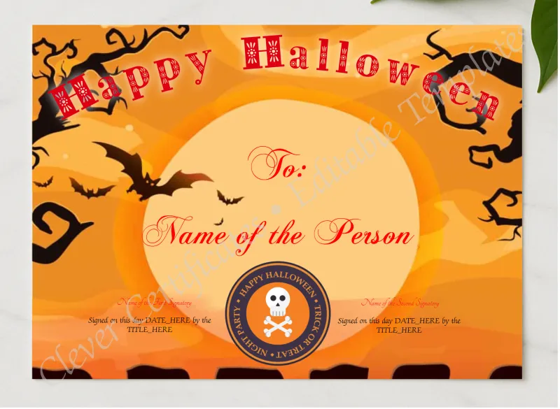 Happy Halloween 2 Certificate presented in a sleek wooden frame, elegantly arranged on a stylish table.