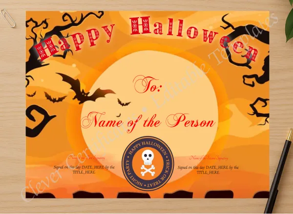 Professional preview of Happy Halloween 2 Certificate certificate on high-quality stationery paper, ideal for showcasing the final look.