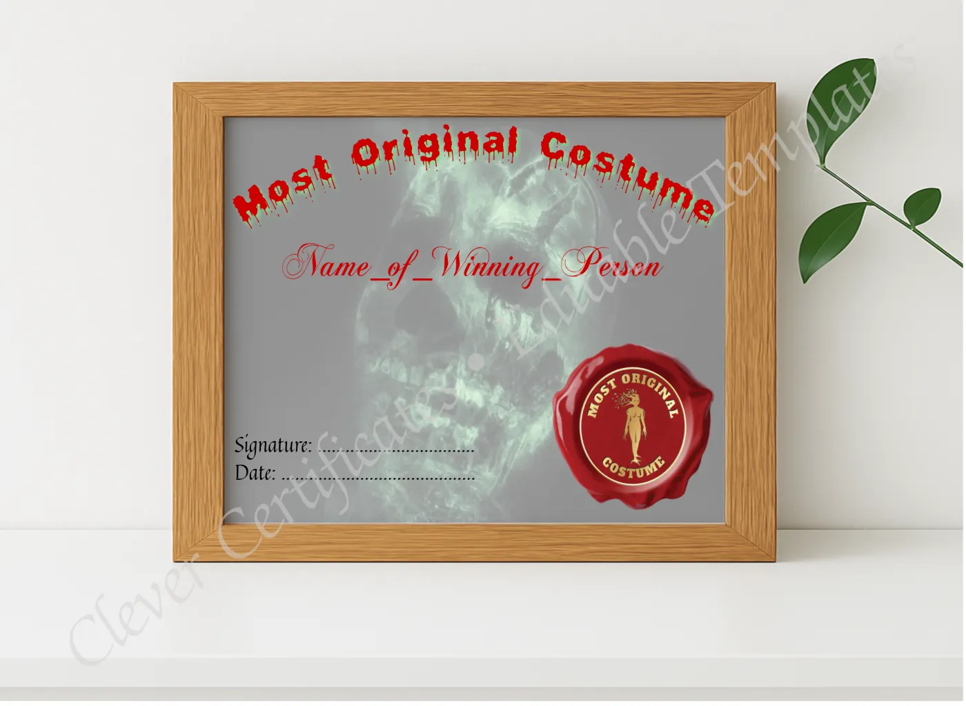 Realistic mockup featuring Most Original Costume Award displayed within a modern frame, set against a minimalistic background.