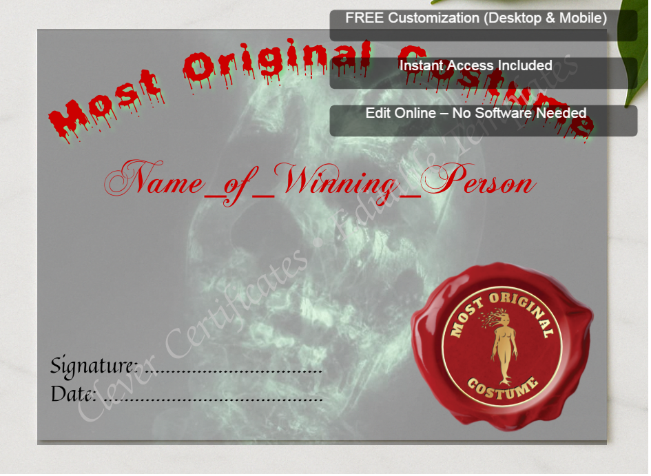 Framed preview featuring Free Editor badge stack for Most Original Costume Award