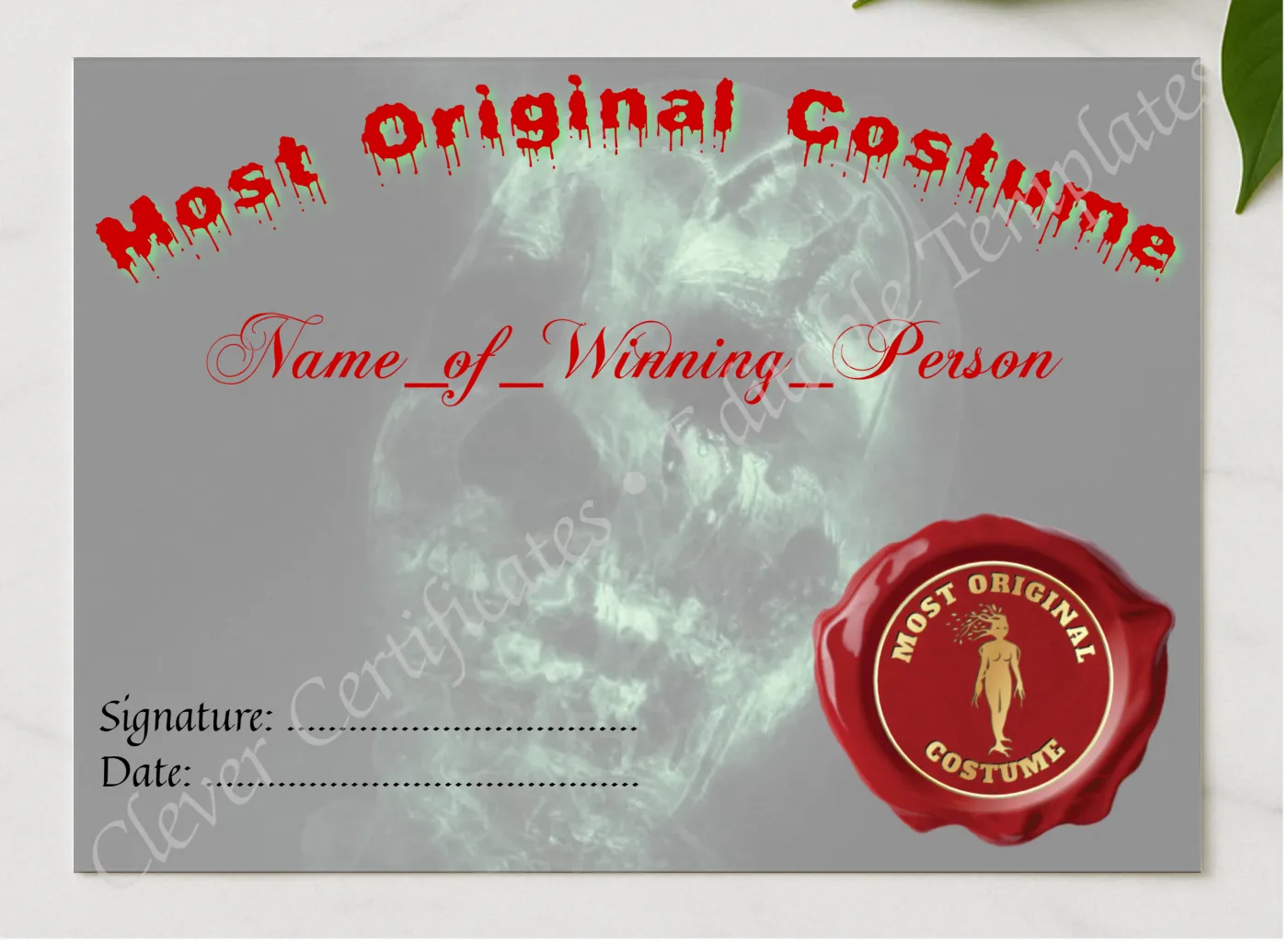 Most Original Costume Award presented in a sleek wooden frame, elegantly arranged on a stylish table.