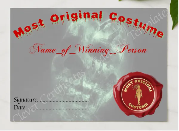Most Original Costume Award presented in a sleek wooden frame, elegantly arranged on a stylish table.
