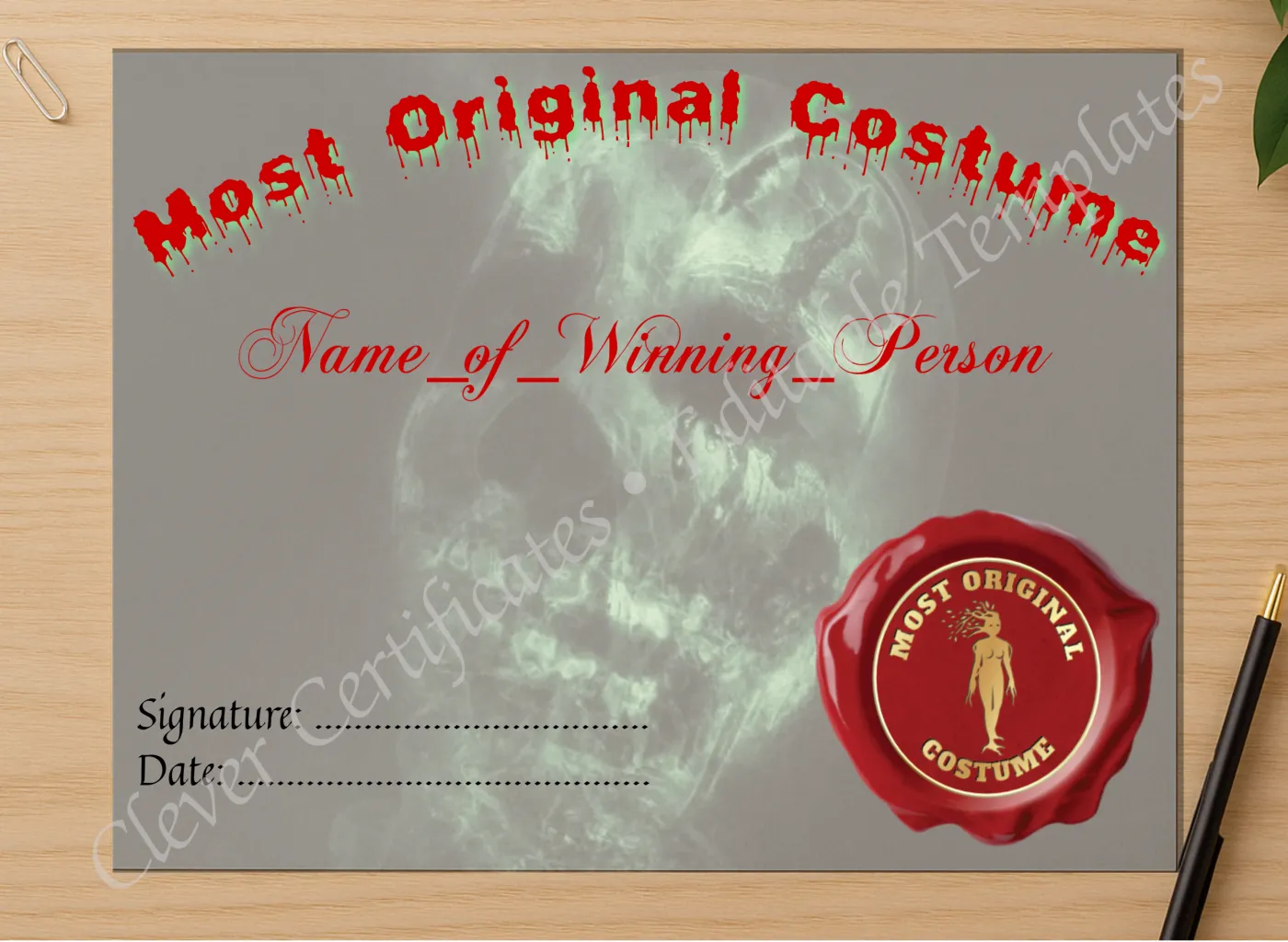 Professional preview of Most Original Costume Award certificate on high-quality stationery paper, ideal for showcasing the final look.