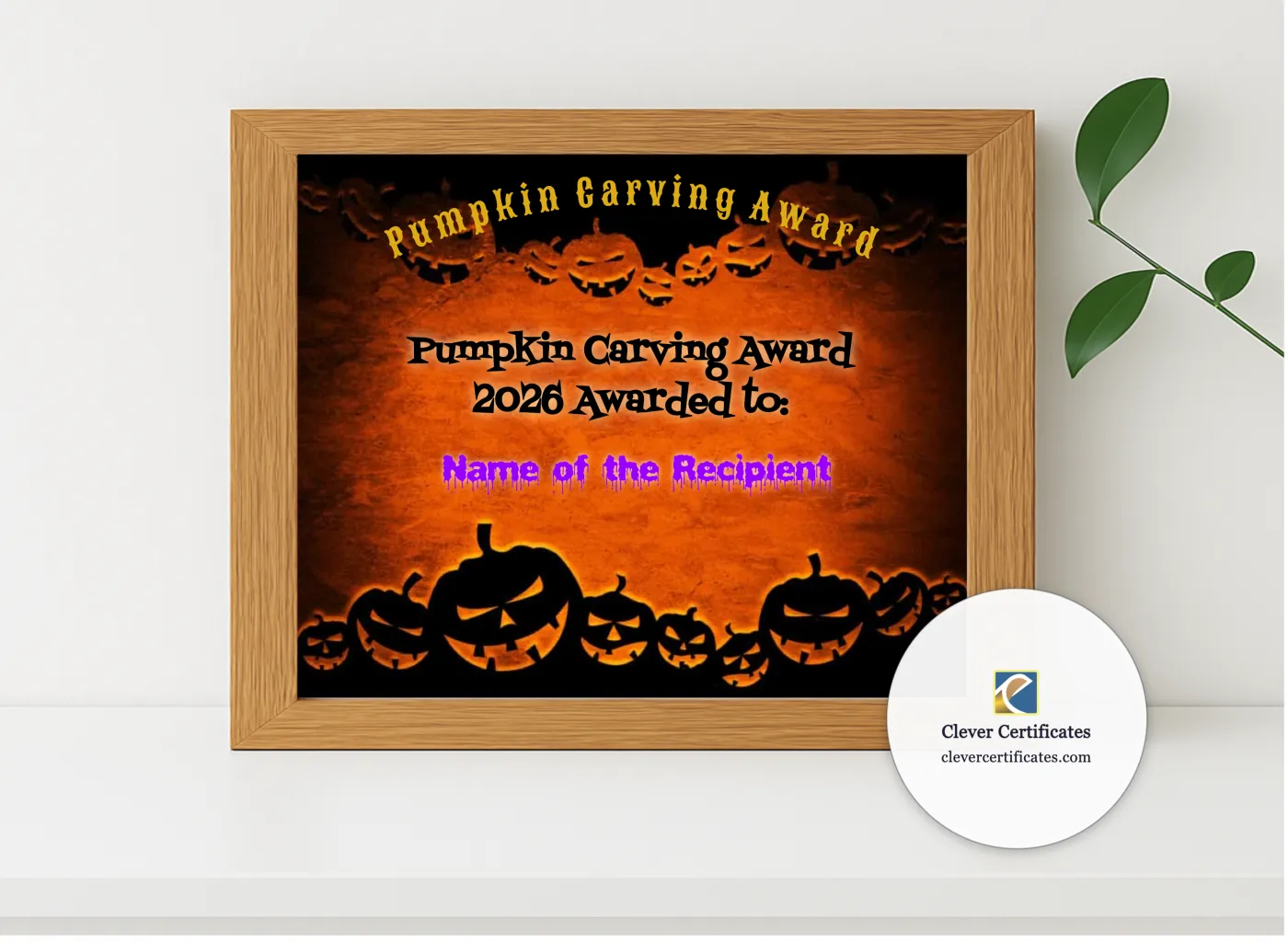 Realistic mockup featuring Pumpkin Carving Award displayed within a modern frame, set against a minimalistic background.