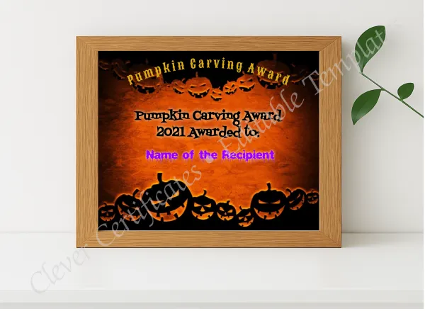 Realistic mockup featuring Pumpkin Carving Award displayed within a modern frame, set against a minimalistic background.