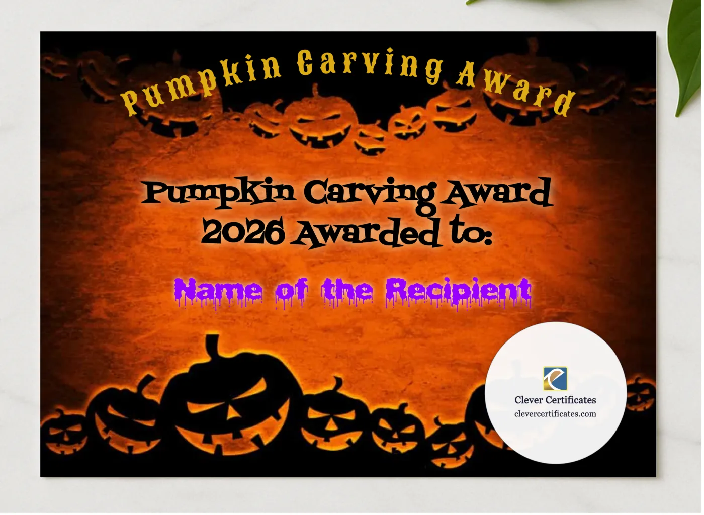 Pumpkin Carving Award presented in a sleek wooden frame, elegantly arranged on a stylish table.
