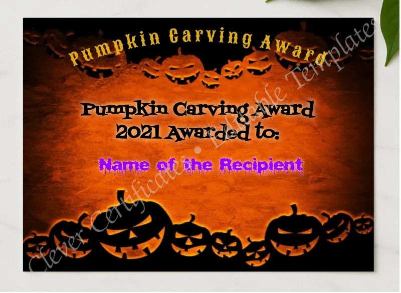 Pumpkin Carving Award presented in a sleek wooden frame, elegantly arranged on a stylish table.