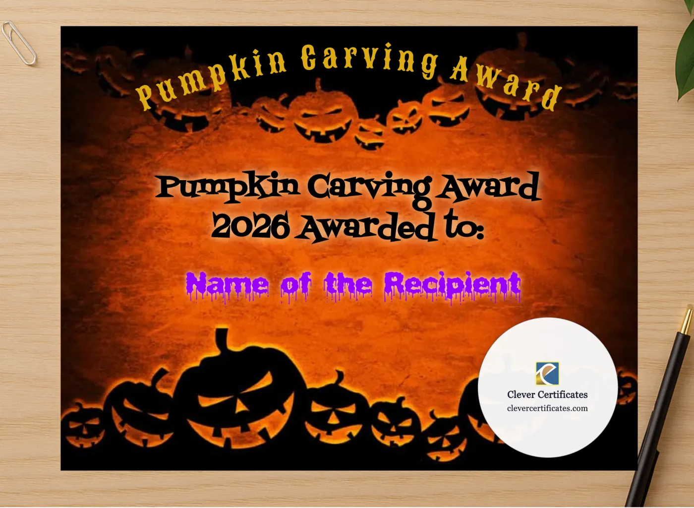Professional preview of Pumpkin Carving Award certificate on high-quality stationery paper, ideal for showcasing the final look.