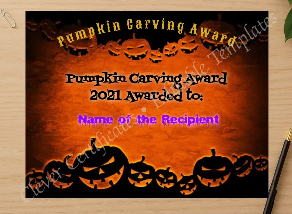 Professional preview of Pumpkin Carving Award certificate on high-quality stationery paper, ideal for showcasing the final look.