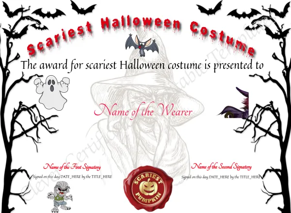 Scariest Costume Certificate