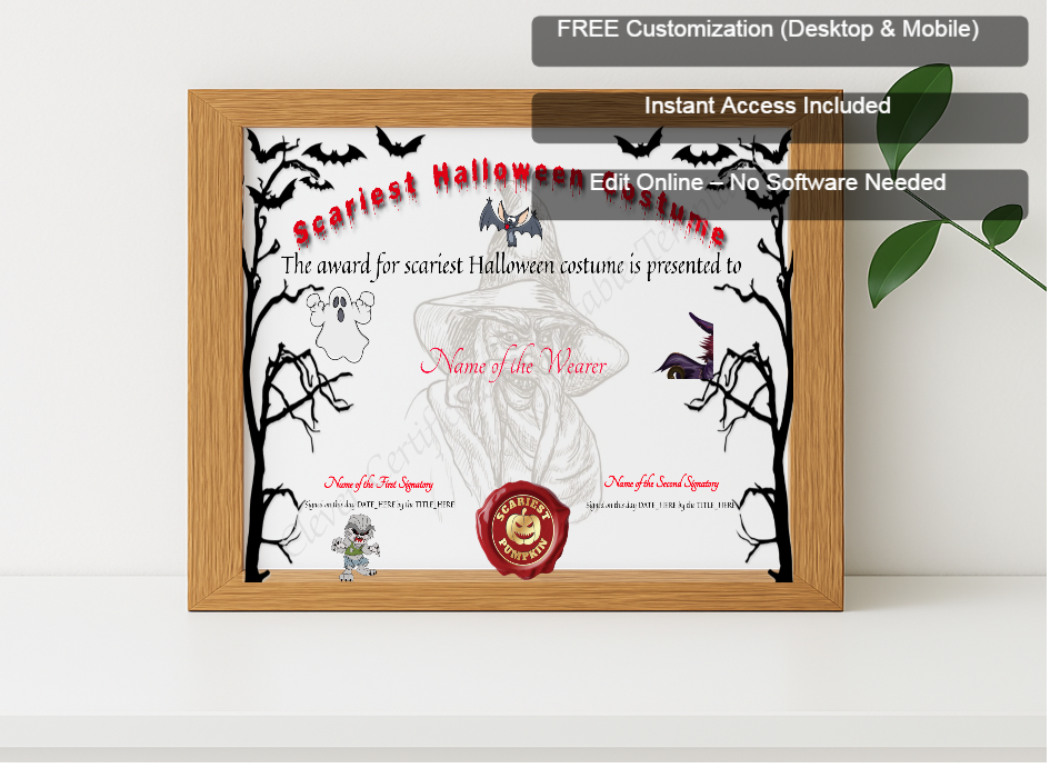 Premium mockup with Free Editor badge stack for Scariest Costume Certificate