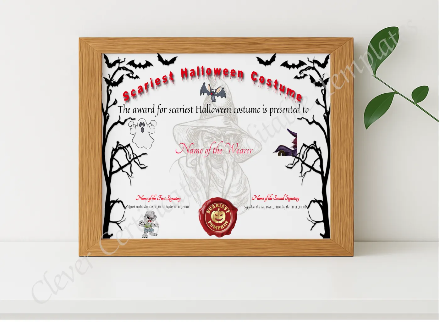 Realistic mockup featuring Scariest Costume Certificate displayed within a modern frame, set against a minimalistic background.