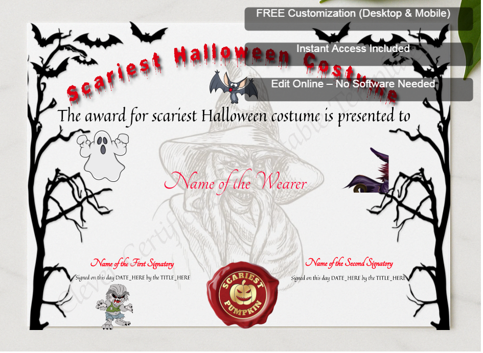 Framed preview featuring Free Editor badge stack for Scariest Costume Certificate