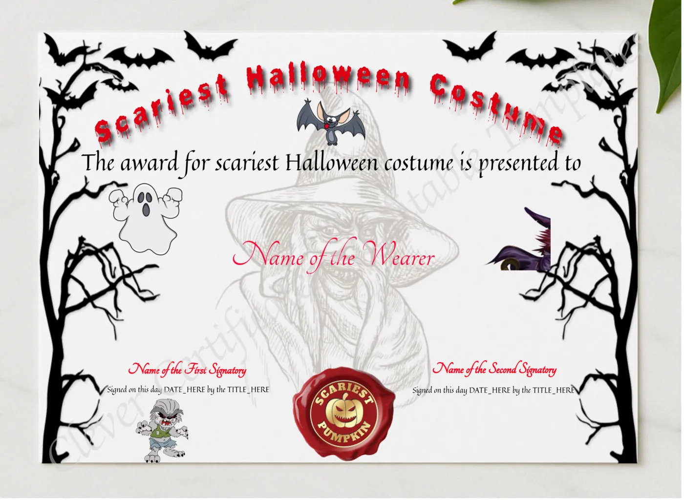 Scariest Costume Certificate presented in a sleek wooden frame, elegantly arranged on a stylish table.
