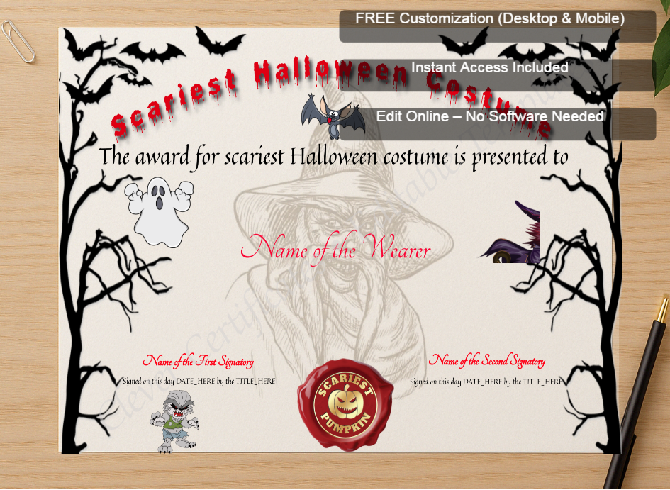 Zoomed preview with Free Editor badge stack for Scariest Costume Certificate