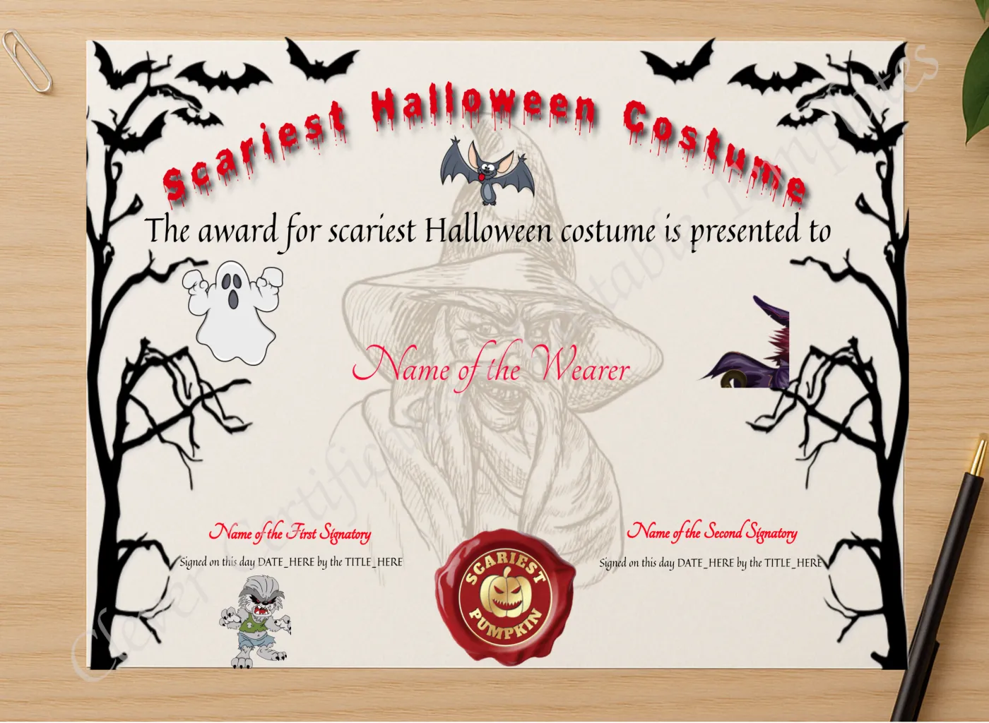 Professional preview of Scariest Costume Certificate certificate on high-quality stationery paper, ideal for showcasing the final look.
