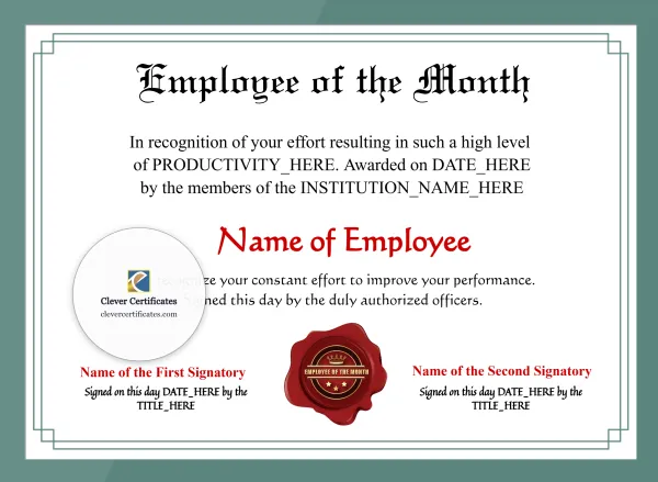 Printable Employee Of The Month Award