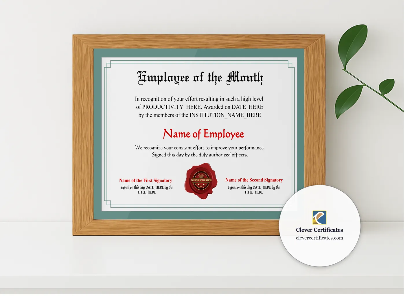 Realistic mockup featuring Printable Employee Of The Month Award displayed within a modern frame, set against a minimalistic background.