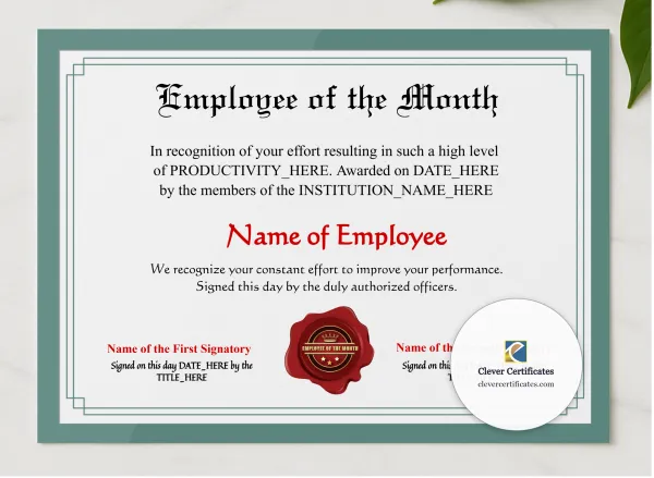 Printable Employee Of The Month Award presented in a sleek wooden frame, elegantly arranged on a stylish table.