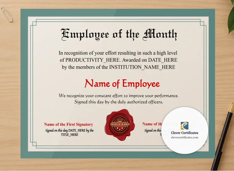 Professional preview of Printable Employee Of The Month Award certificate on high-quality stationery paper, ideal for showcasing the final look.