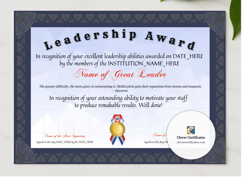Editable Leadership Award presented in a sleek wooden frame, elegantly arranged on a stylish table.