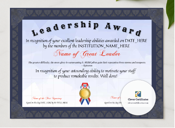 Editable Leadership Award presented in a sleek wooden frame, elegantly arranged on a stylish table.
