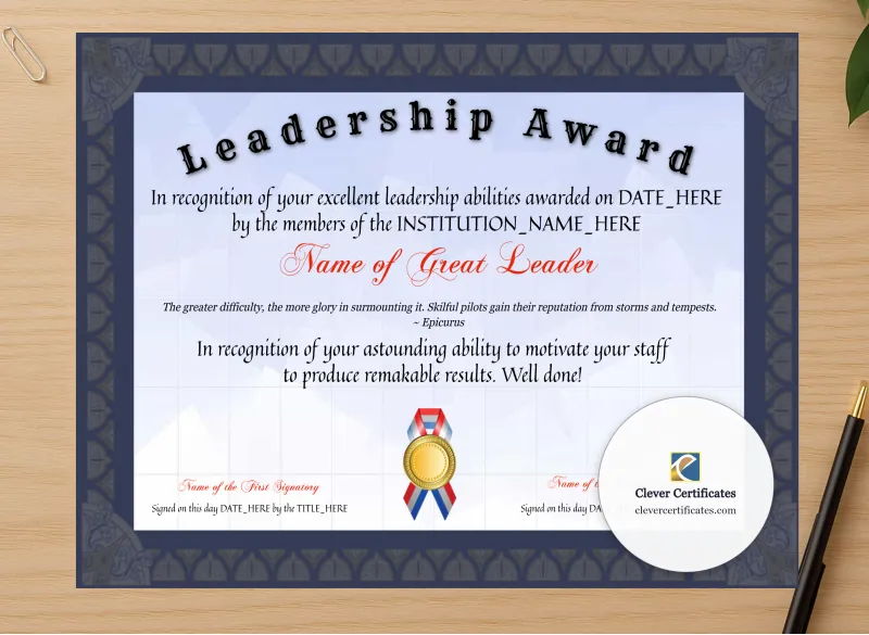 Professional preview of Editable Leadership Award certificate on high-quality stationery paper, ideal for showcasing the final look.