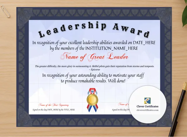Professional preview of Editable Leadership Award certificate on high-quality stationery paper, ideal for showcasing the final look.