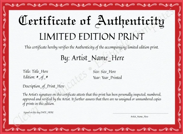 Editable Red Certificate Of Authenticity