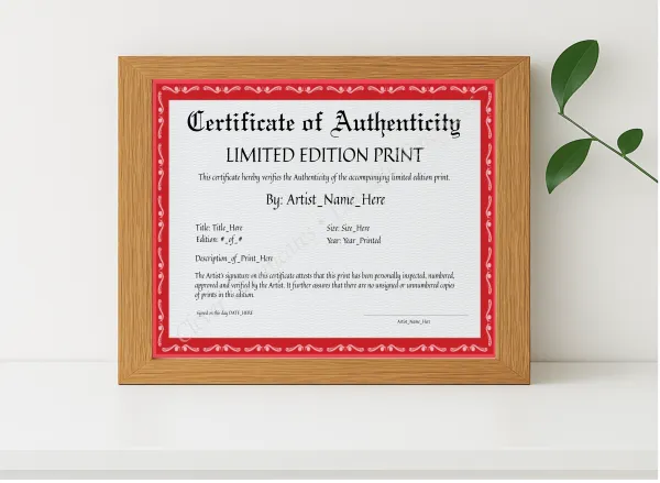 Realistic mockup featuring Editable Red Certificate Of Authenticity displayed within a modern frame, set against a minimalistic background.
