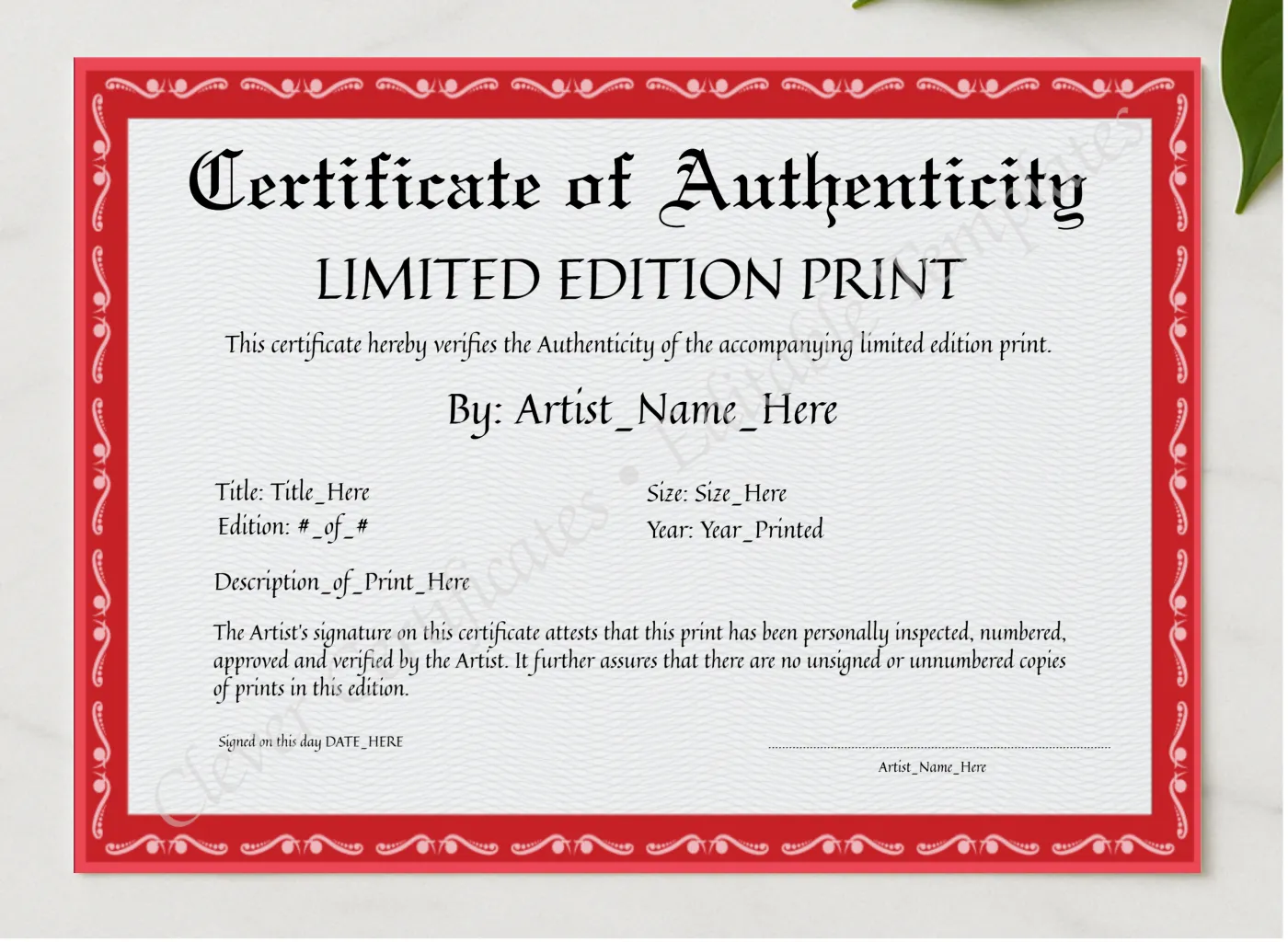Editable Red Certificate Of Authenticity presented in a sleek wooden frame, elegantly arranged on a stylish table.