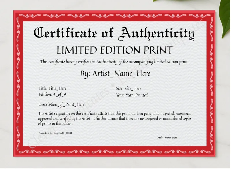 Editable Red Certificate Of Authenticity presented in a sleek wooden frame, elegantly arranged on a stylish table.