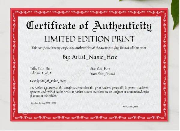 Editable Red Certificate Of Authenticity presented in a sleek wooden frame, elegantly arranged on a stylish table.