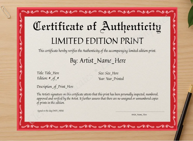 Professional preview of Editable Red Certificate Of Authenticity certificate on high-quality stationery paper, ideal for showcasing the final look.