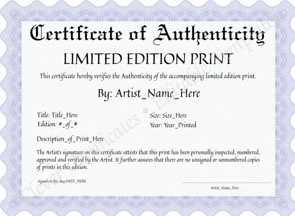Printable Blue Certificate of Authenticity