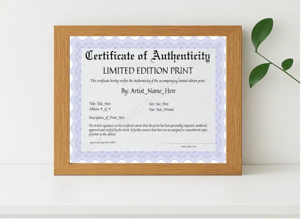 Realistic mockup featuring Printable Blue Certificate of Authenticity displayed within a modern frame, set against a minimalistic background.