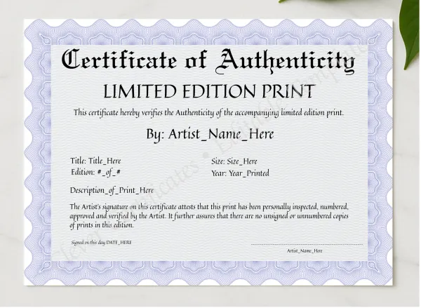 Printable Blue Certificate of Authenticity presented in a sleek wooden frame, elegantly arranged on a stylish table.