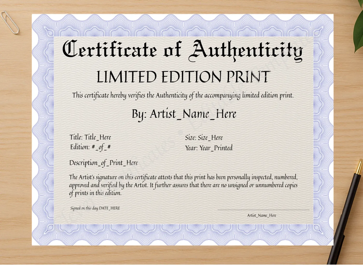 Professional preview of Printable Blue Certificate of Authenticity certificate on high-quality stationery paper, ideal for showcasing the final look.