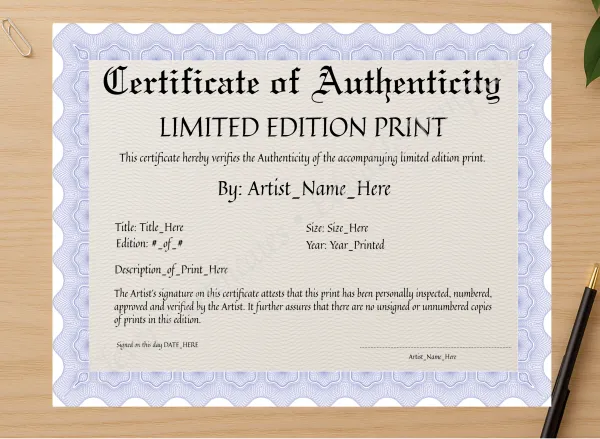 Professional preview of Printable Blue Certificate of Authenticity certificate on high-quality stationery paper, ideal for showcasing the final look.
