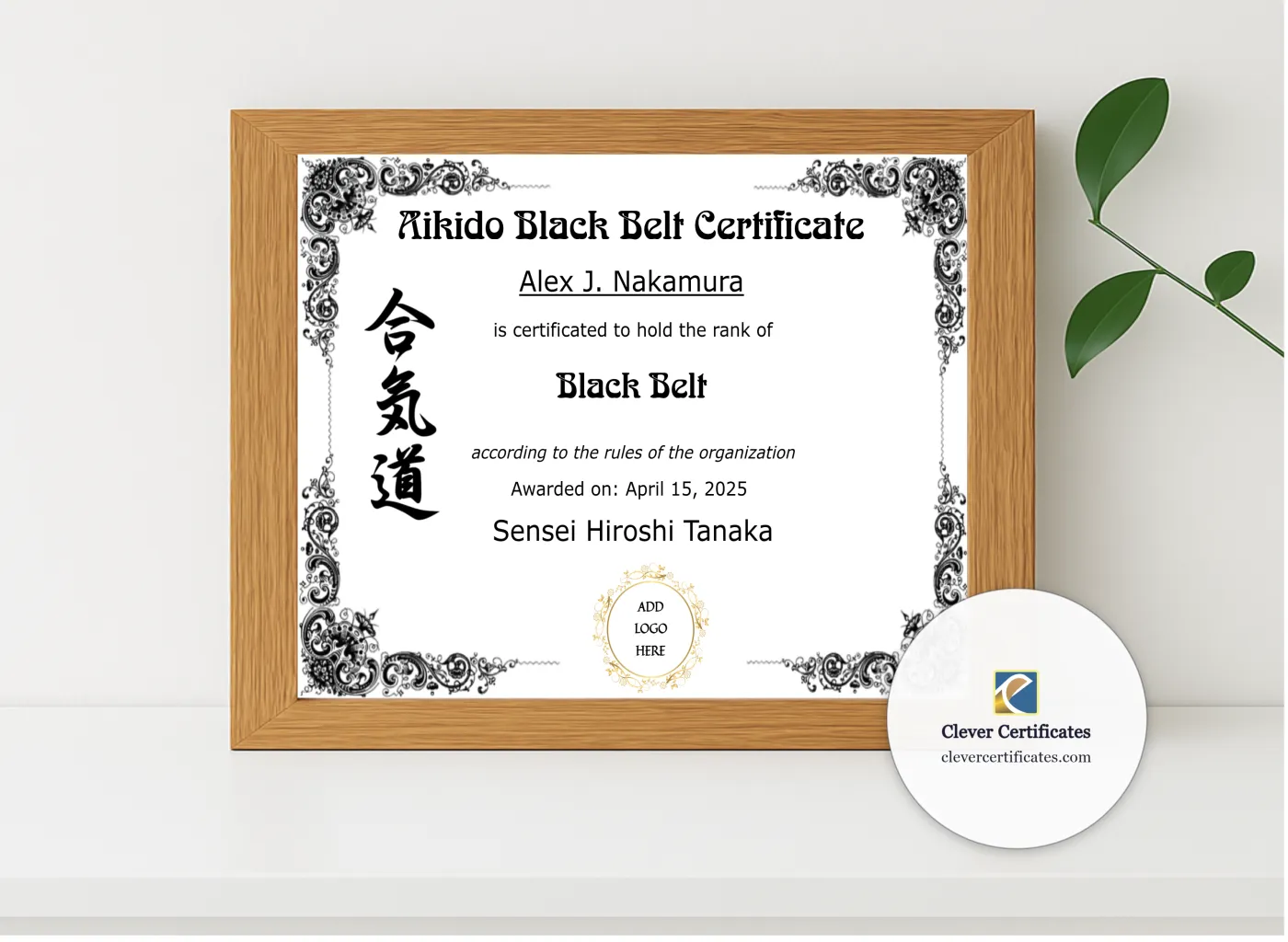 Realistic mockup featuring Aikido Black Belt Certificate displayed within a modern frame, set against a minimalistic background.
