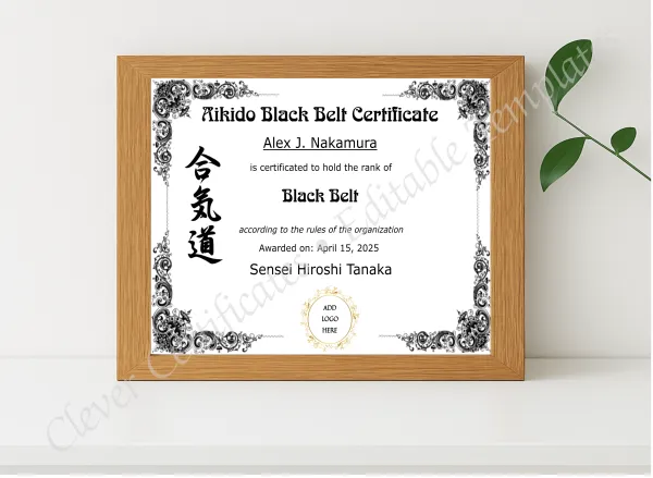 Realistic mockup featuring Aikido Black Belt Certificate displayed within a modern frame, set against a minimalistic background.